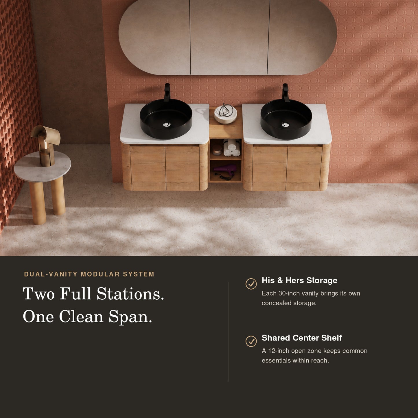 Curvo 30"-72" Floating Vanity System with 5 Ceramic Basin Colors (RTA)