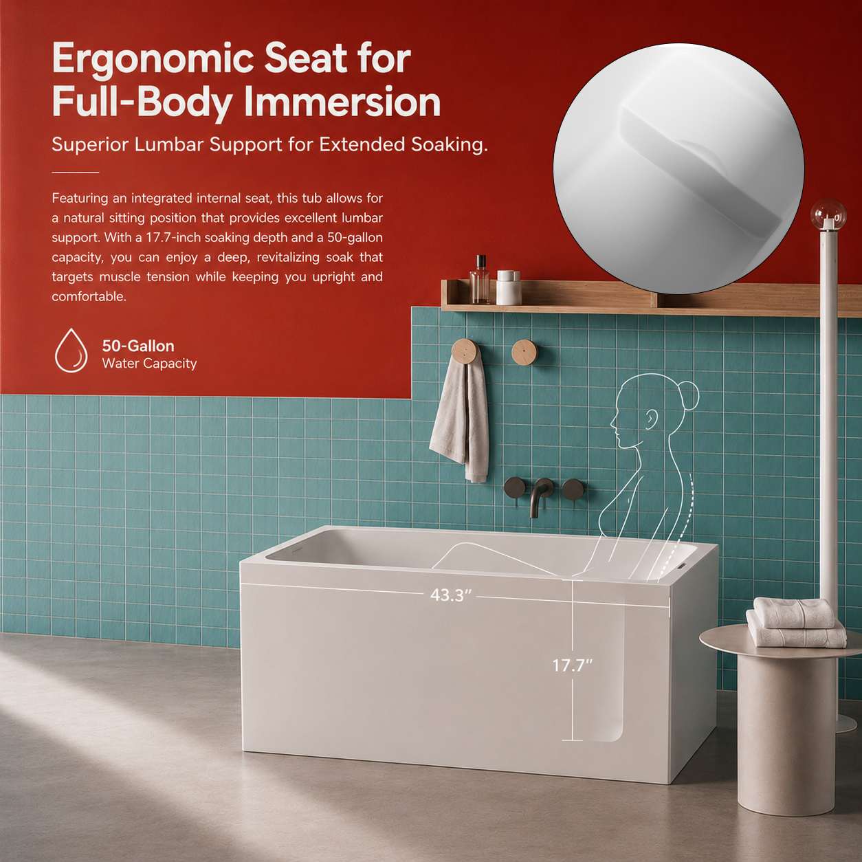 43" Acrylic Freestanding Bathtub with Built-in Seat