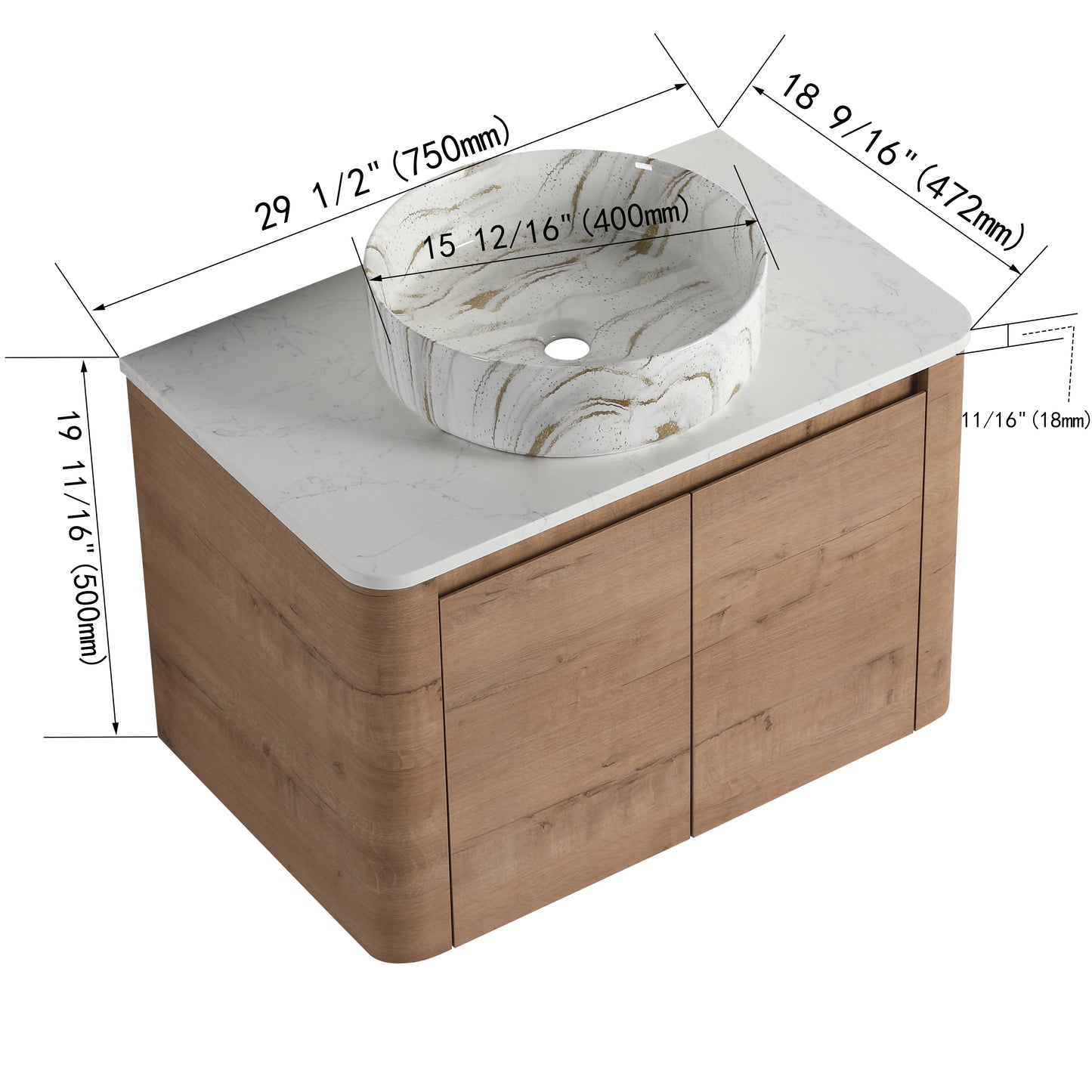 Curvo 30"-72" Floating Vanity System with 5 Ceramic Basin Colors (RTA)