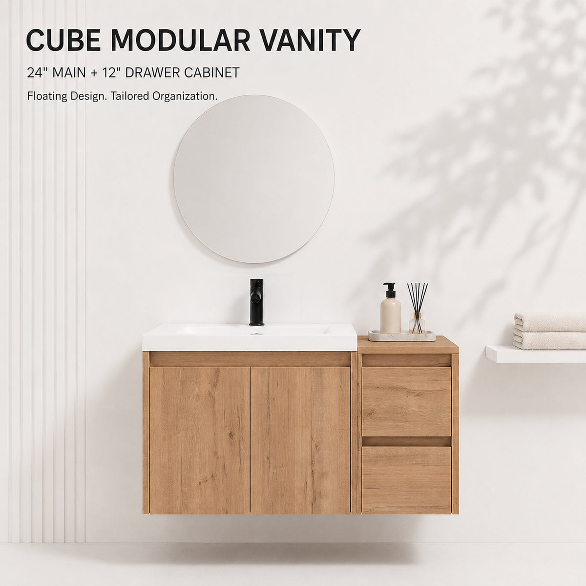 Cube 36" Floating Vanity with Resin Sink and Drawer Side Cabinet (RTA)
