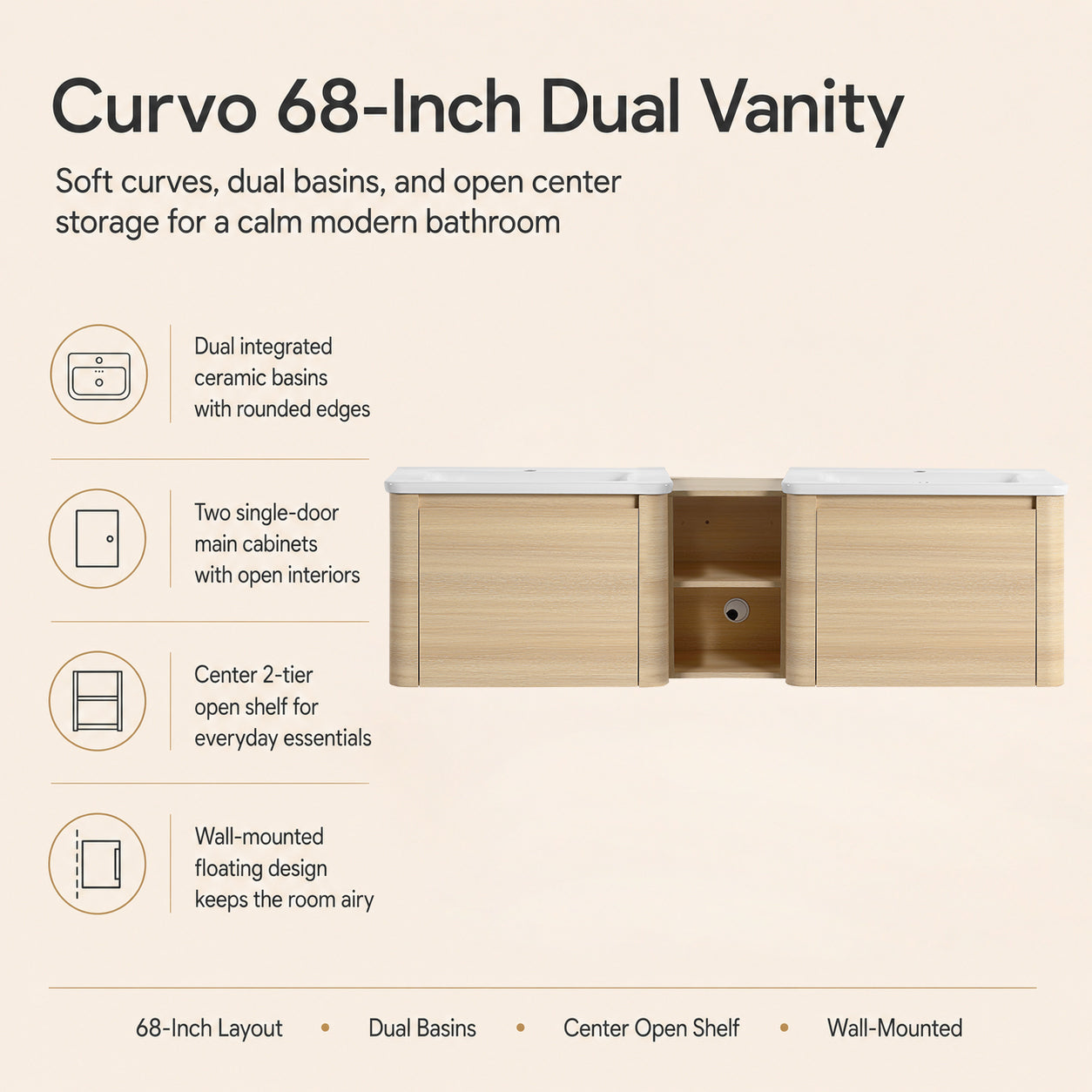 Curvo 24"/28"/36"/40"/60"/68" Floating Vanity (RTA)