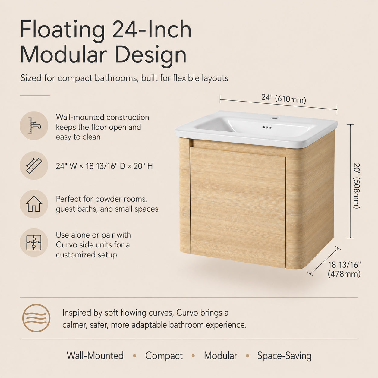 Curvo 24"/28"/36"/40"/60"/68" Floating Vanity (RTA)