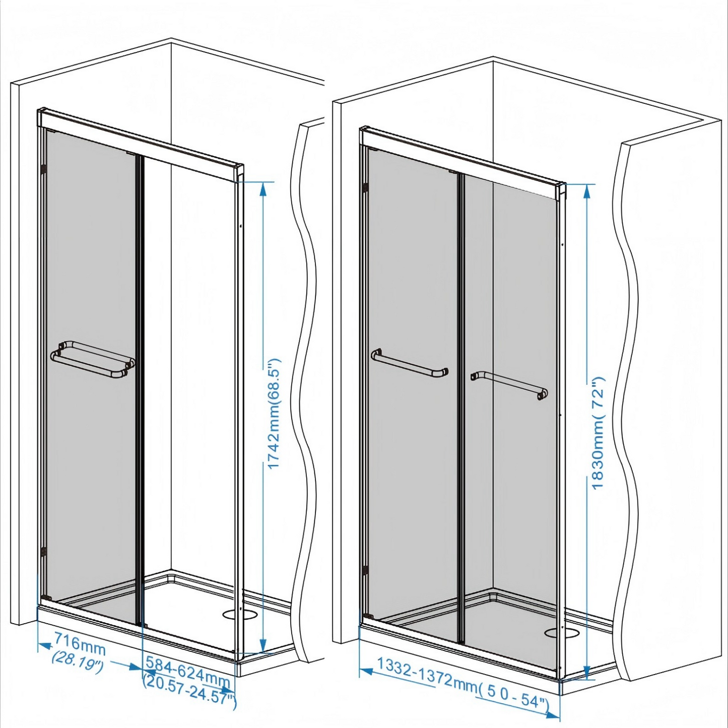 50-54" × 72" Double Sliding Shower Door, Brushed Nickel