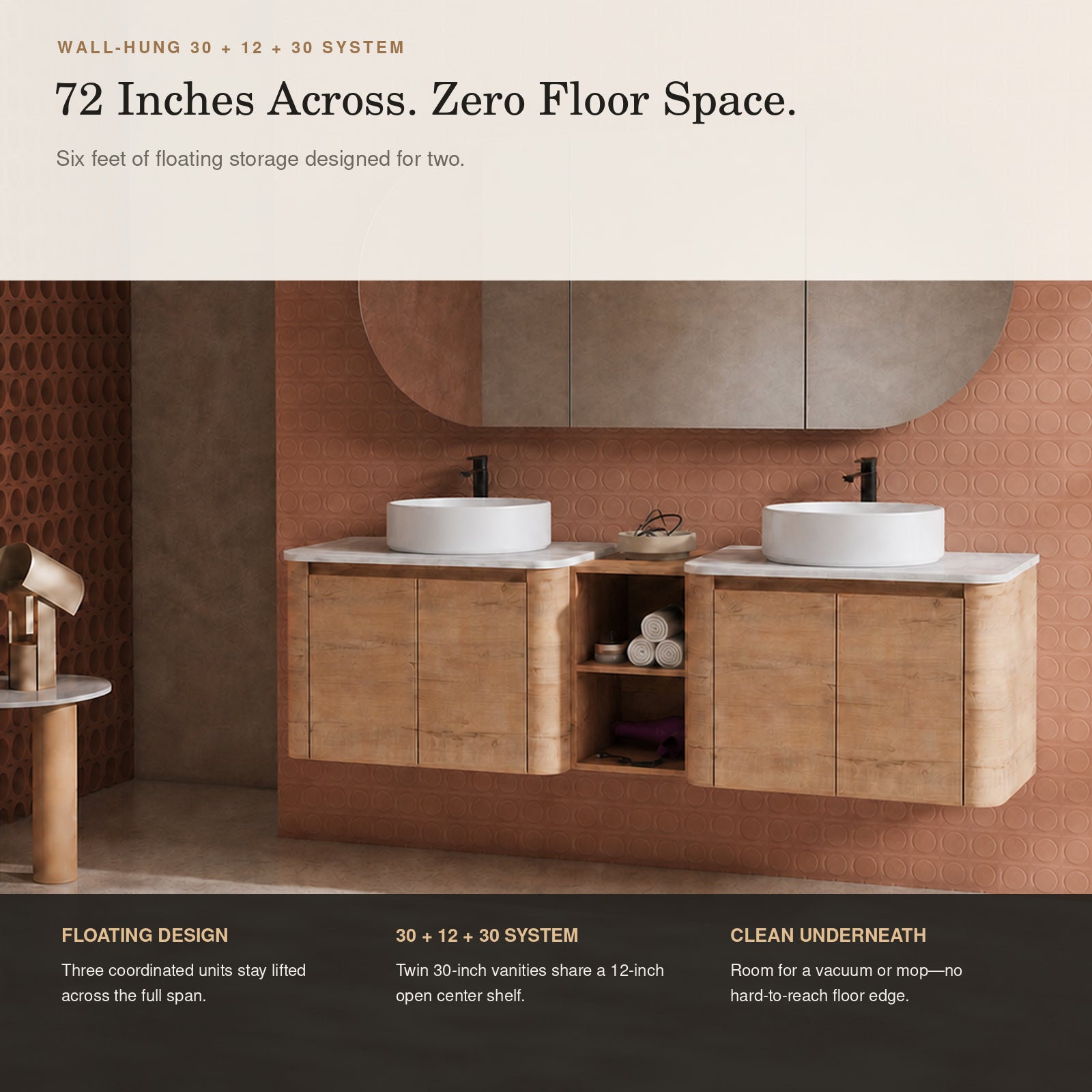 Curvo 30"-72" Floating Vanity System with 5 Ceramic Basin Colors (RTA)