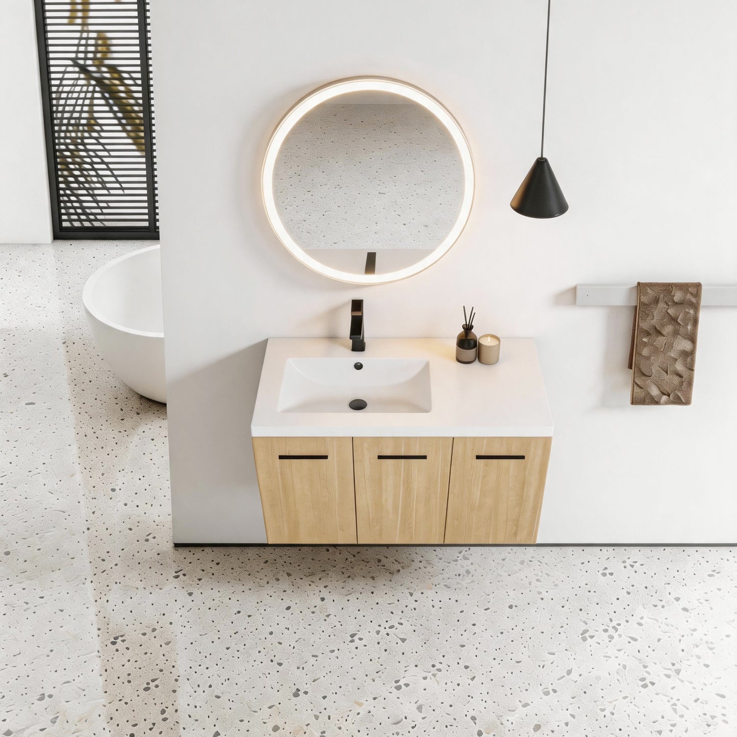3-Door Light Oak Floating Wall Mount Bathroom Vanity