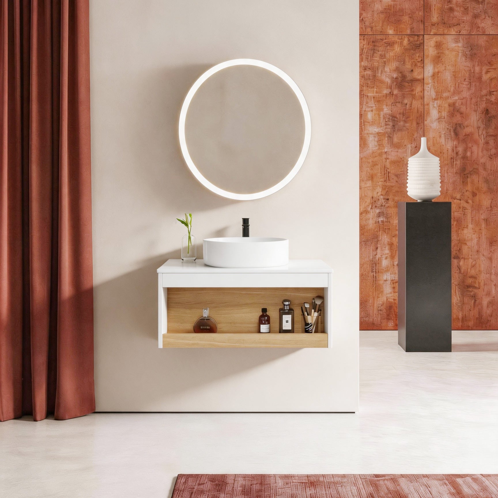 Wall Mount Oak Open Shelf Bathroom Vanity