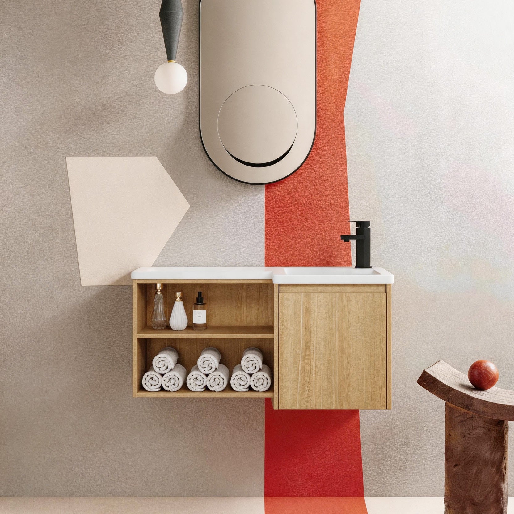Light Oak L-Shape Floating Bathroom Vanity with Ceramic Sink