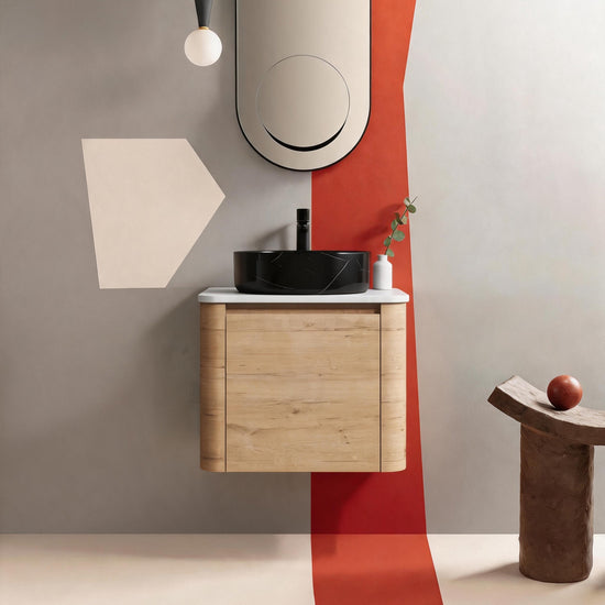 Rounded Oak Floating Vanity with Black Round Vessel Sink