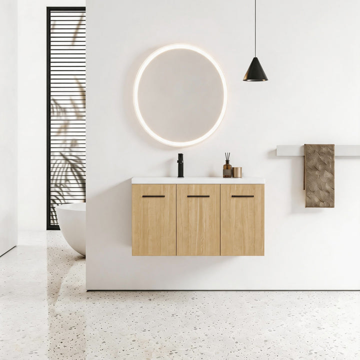 3-Door Light Oak Floating Wall Mount Bathroom Vanity