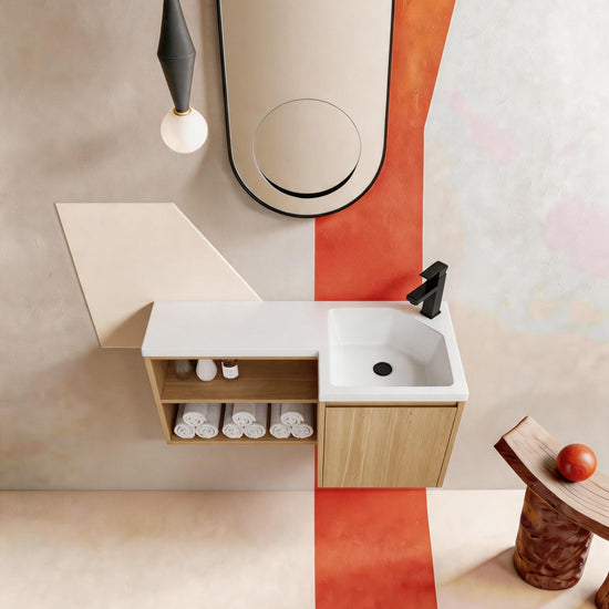Light Oak L-Shape Floating Bathroom Vanity with Ceramic Sink