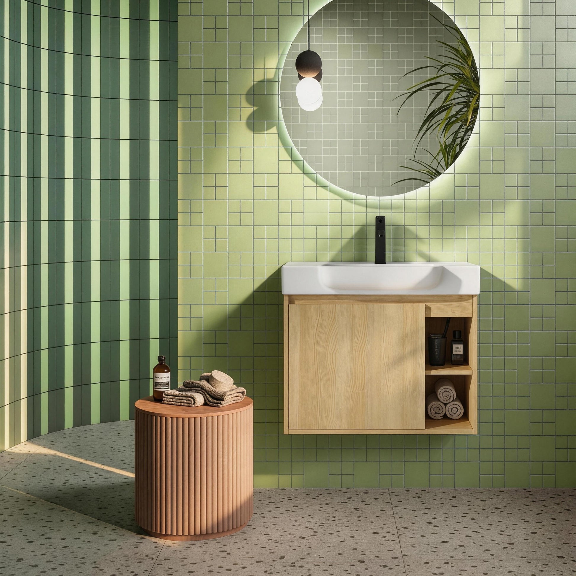 Single Door Oak Floating Vanity with Side Open Storage Shelves