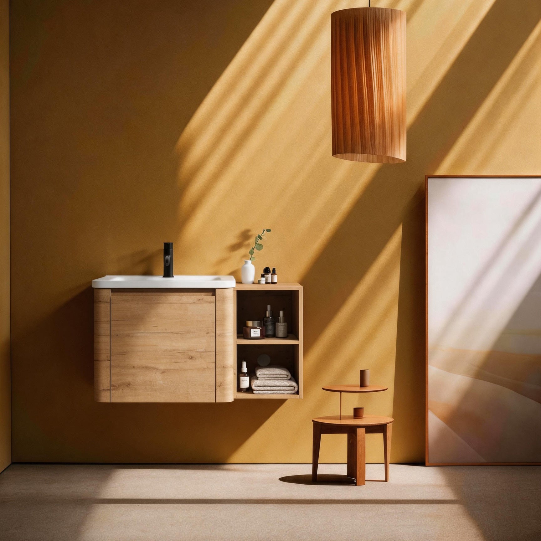 Rounded Oak L-Shape Floating Wall Mount Bathroom Vanity