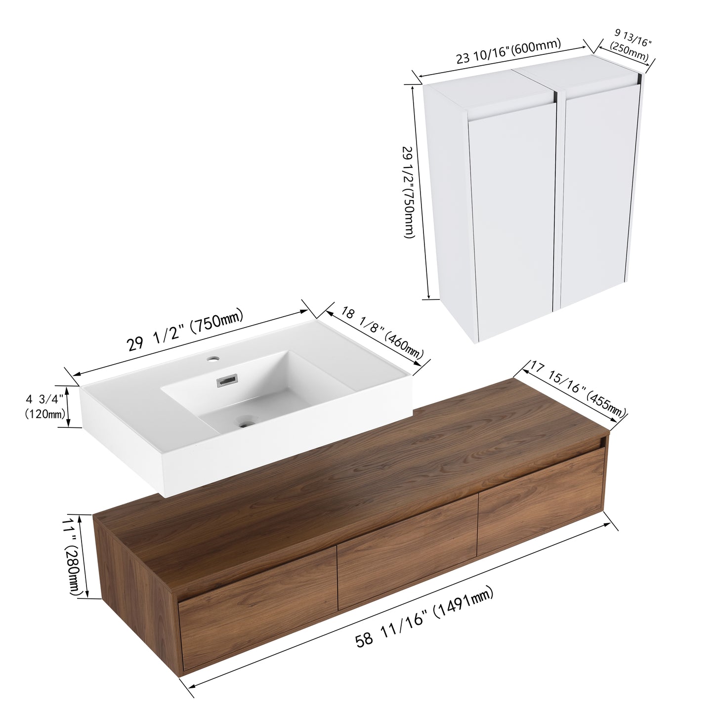 Suspend 60" Wall-Hung Vanity System — Mix & Match Basin & Side Cabinets, 7 Configurations (RTA)