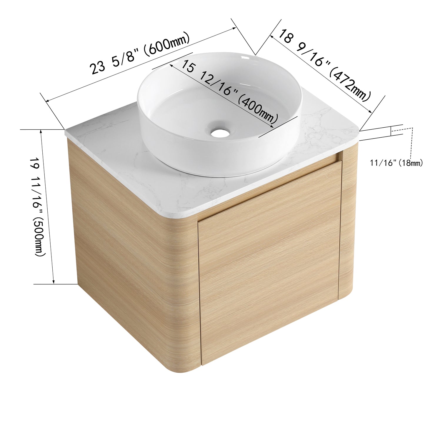 Curvo 24"/36"/48"/60" Floating Vanity with Ceramic Sink (RTA)