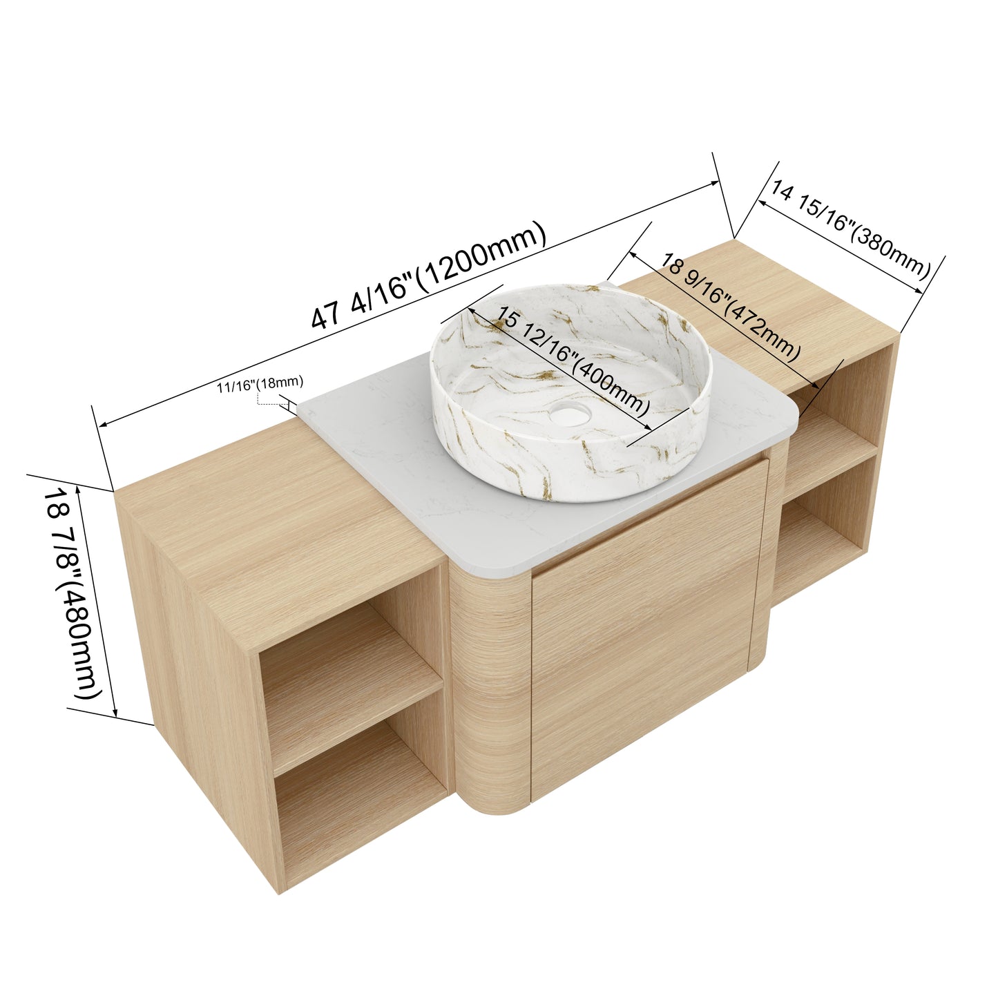 Curvo 24"/36"/48"/60" Floating Vanity with Ceramic Sink (RTA)