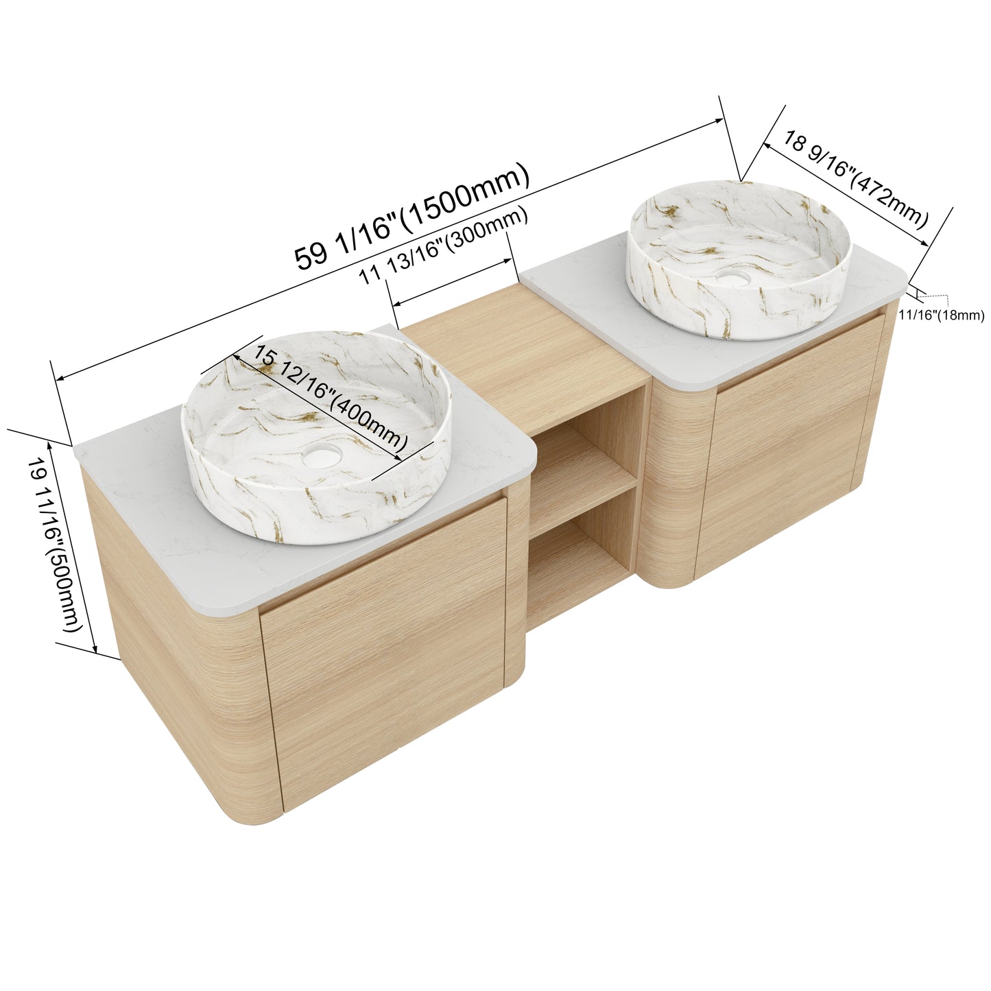 Curvo 24"/36"/48"/60" Floating Vanity with Ceramic Sink (RTA)