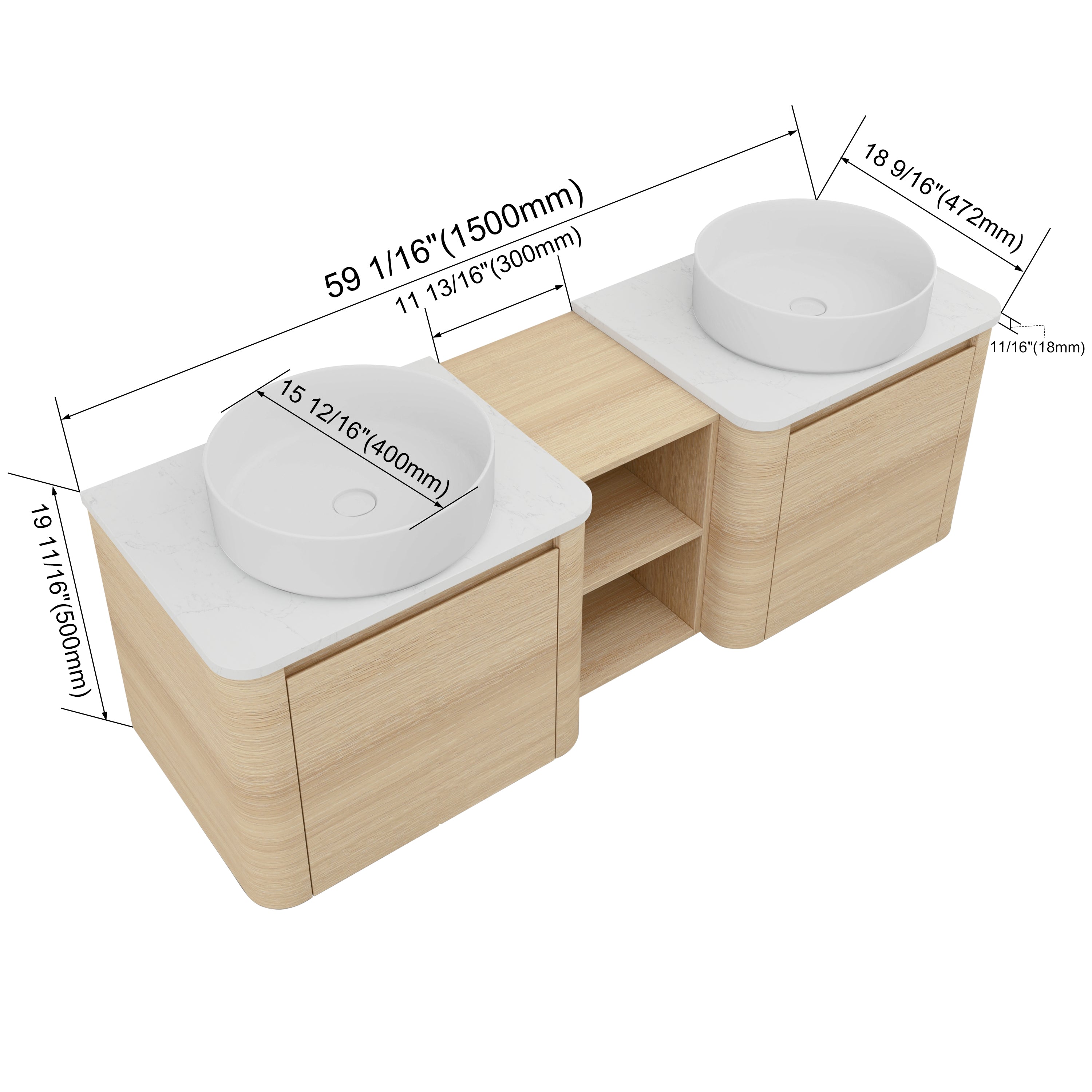 Curvo 24"/36"/48"/60" Floating Vanity with Ceramic Sink (RTA)
