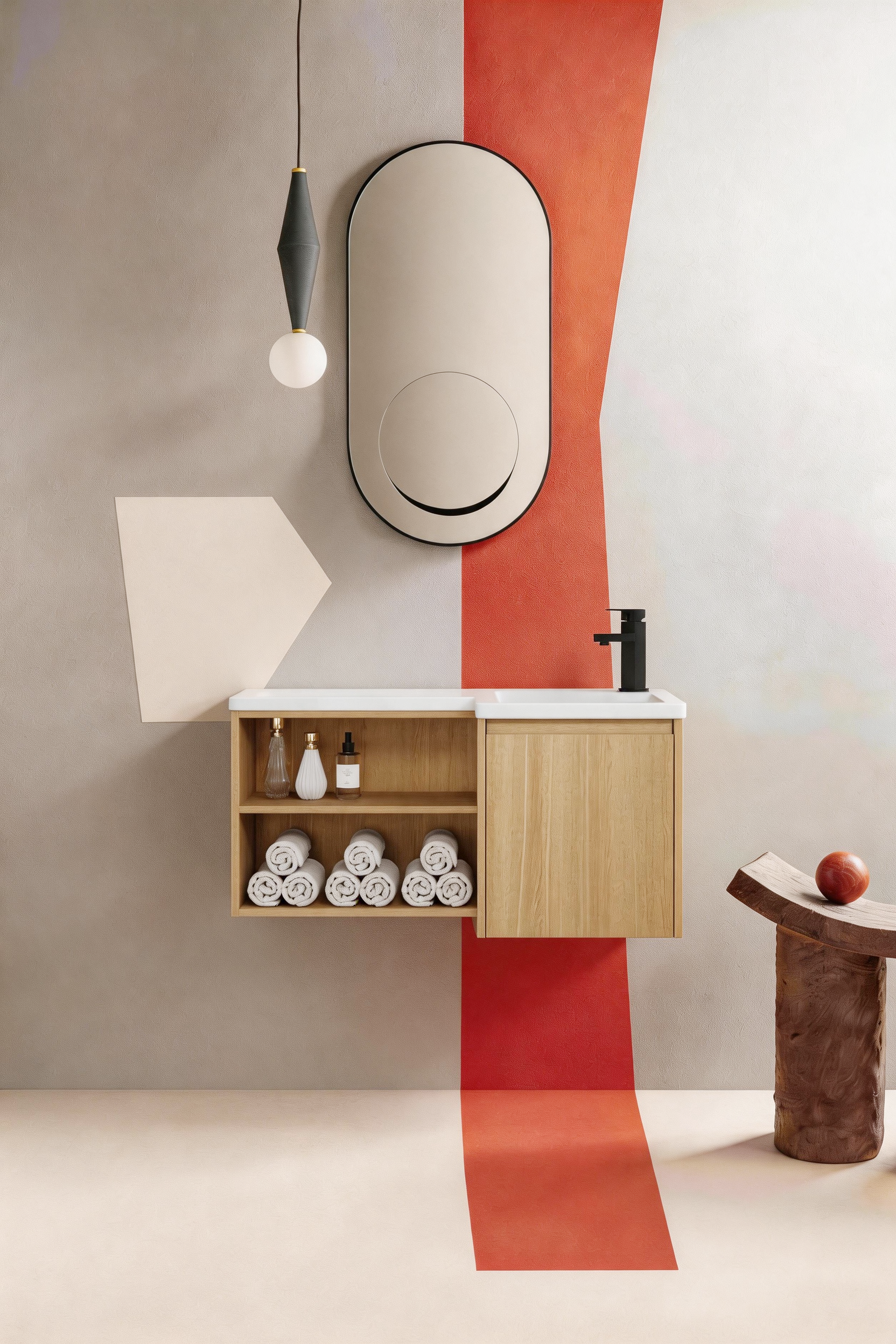 Light Oak L-Shape Floating Bathroom Vanity with Ceramic Sink