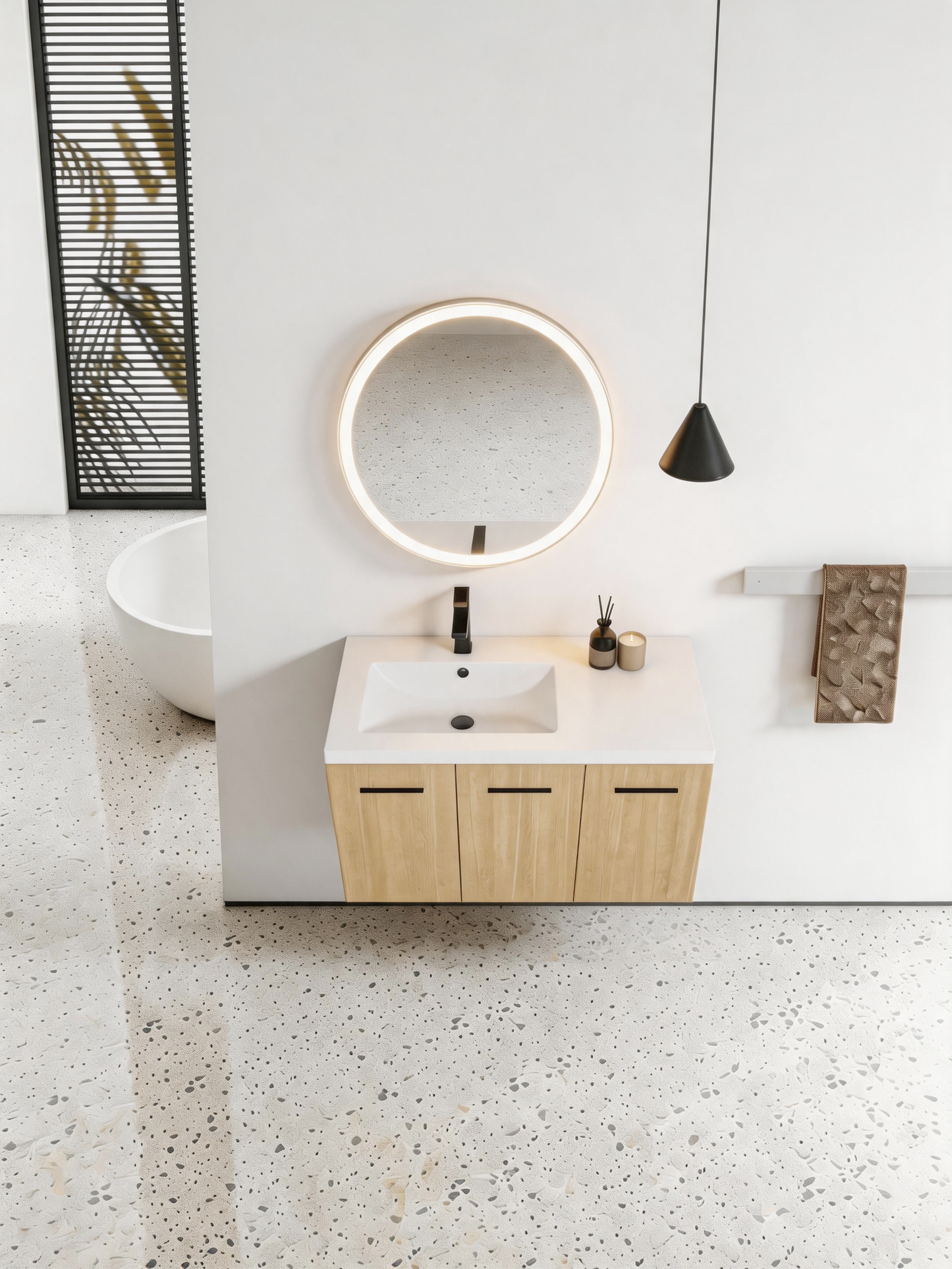 3-Door Light Oak Floating Wall Mount Bathroom Vanity
