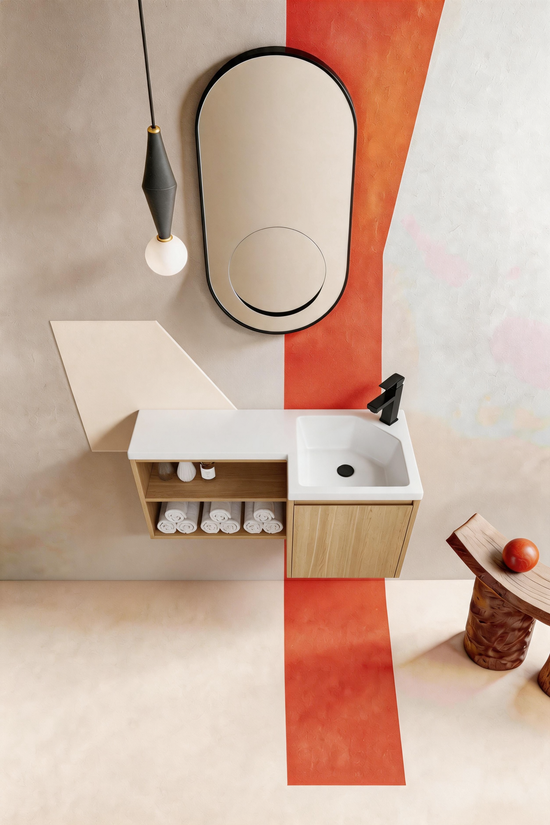 Light Oak L-Shape Floating Bathroom Vanity with Ceramic Sink