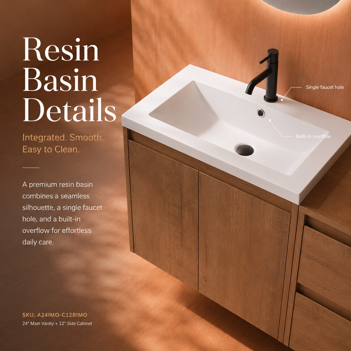 Cube 36" Floating Vanity with Resin Sink and Drawer Side Cabinet (RTA)