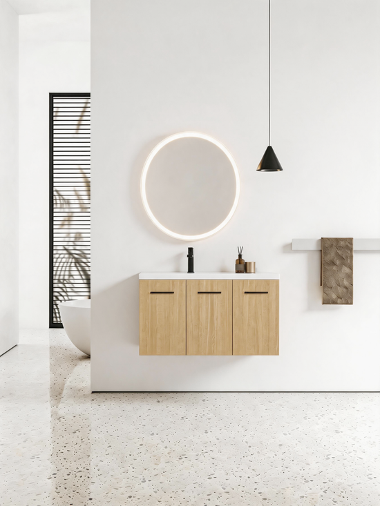 3-Door Light Oak Floating Wall Mount Bathroom Vanity