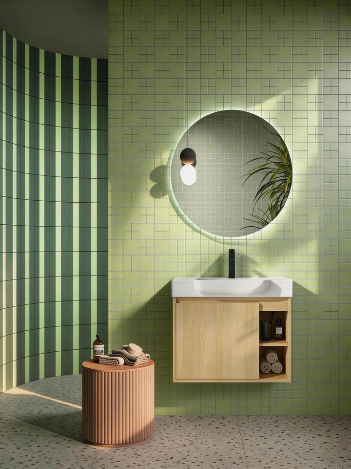 Single Door Oak Floating Vanity with Side Open Storage Shelves