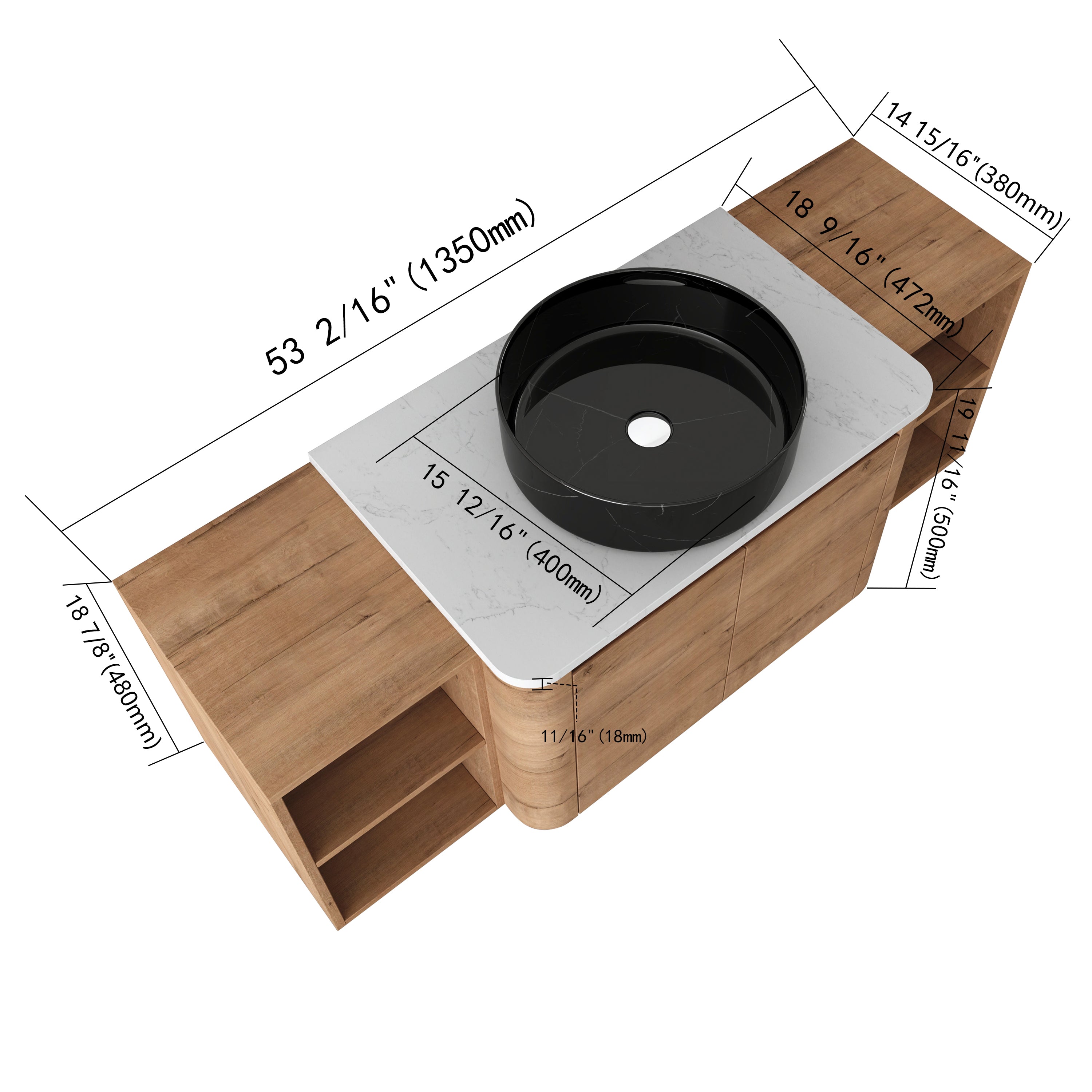 Curvo 30"-72" Floating Vanity System with 5 Ceramic Basin Colors (RTA)