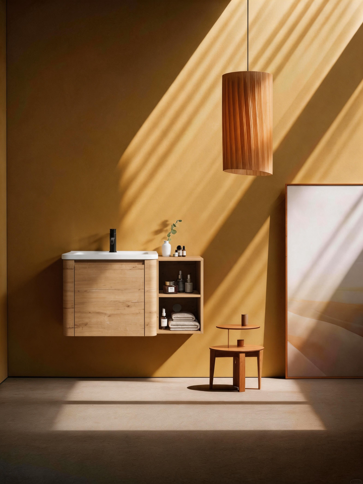 Rounded Oak L-Shape Floating Wall Mount Bathroom Vanity