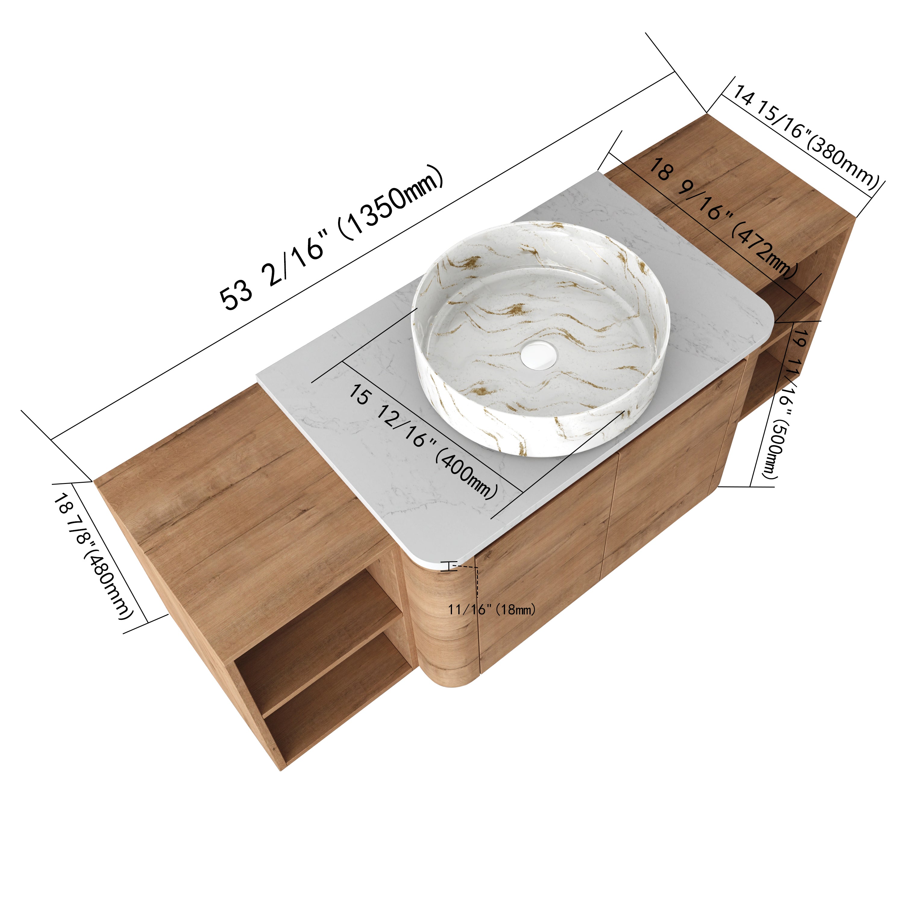 Curvo 30"-72" Floating Vanity System with 5 Ceramic Basin Colors (RTA)