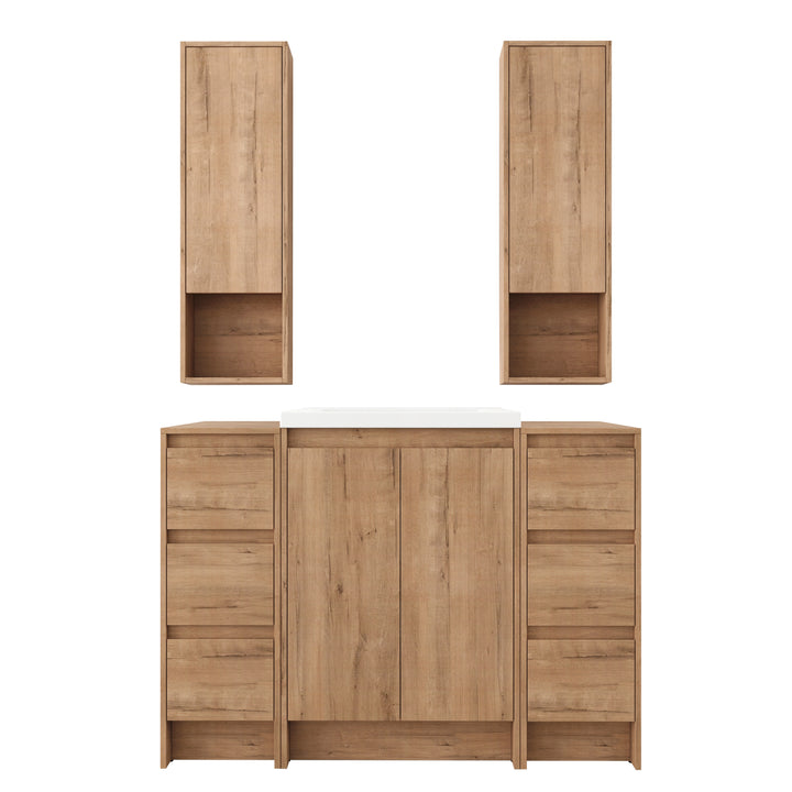 Cube 48" Freestanding Vanity with Resin Sink, Drawer Side Cabinets, and Wall Cabinets (RTA)