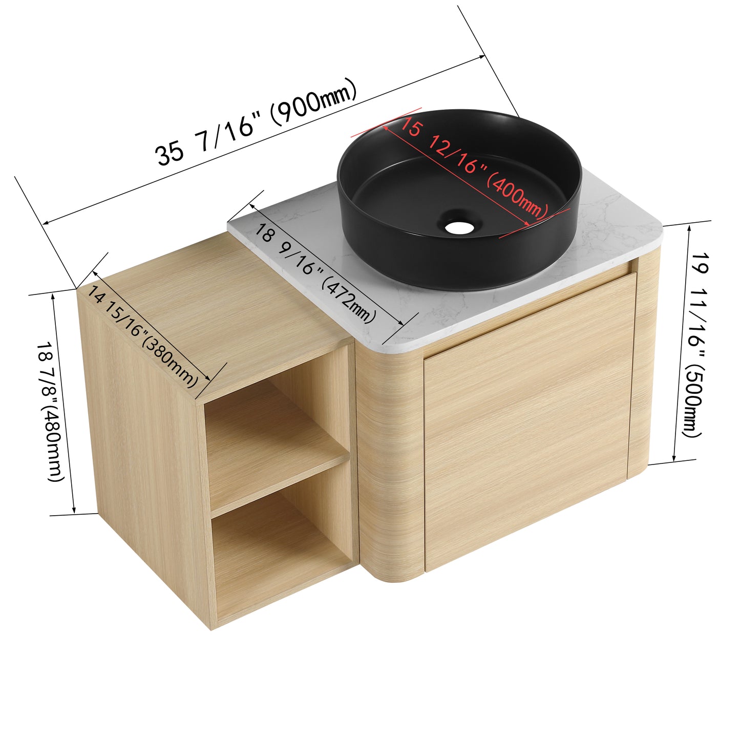 Curvo 24"/36"/48"/60" Floating Vanity with Ceramic Sink (RTA)