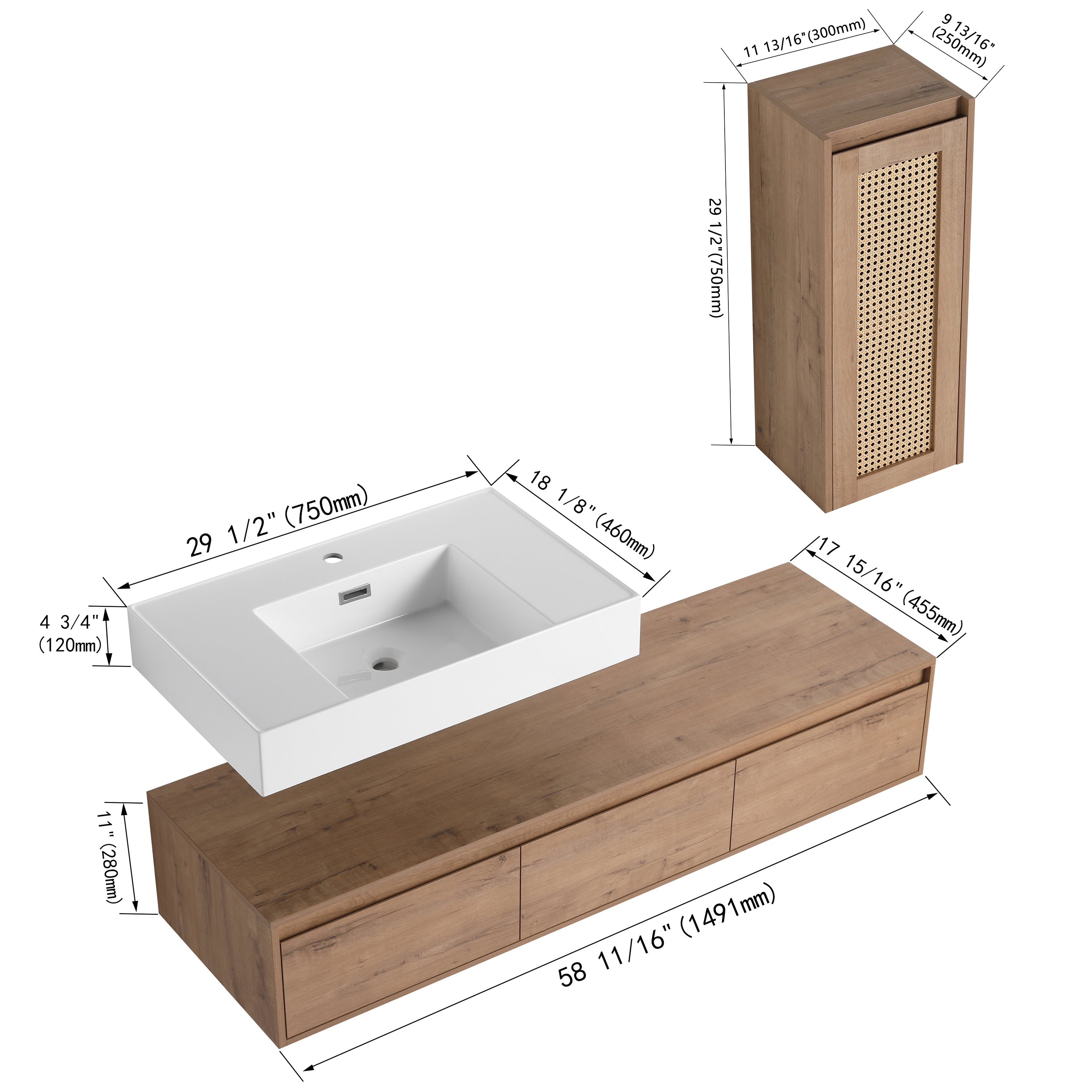Suspend 60" Wall-Hung Vanity System — Mix & Match Basin & Side Cabinets, 7 Configurations (RTA)