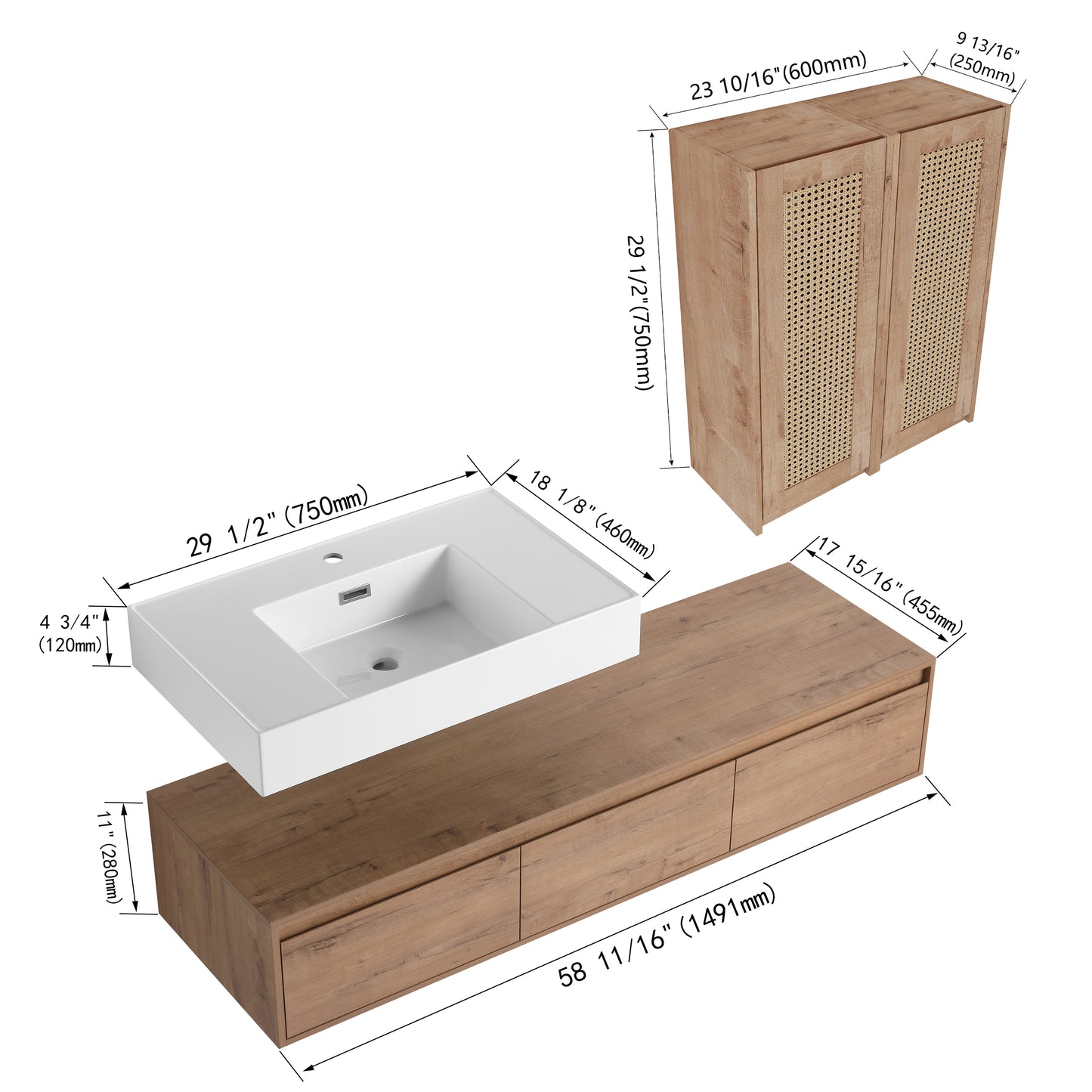Suspend 60" Wall-Hung Vanity System — Mix & Match Basin & Side Cabinets, 7 Configurations (RTA)
