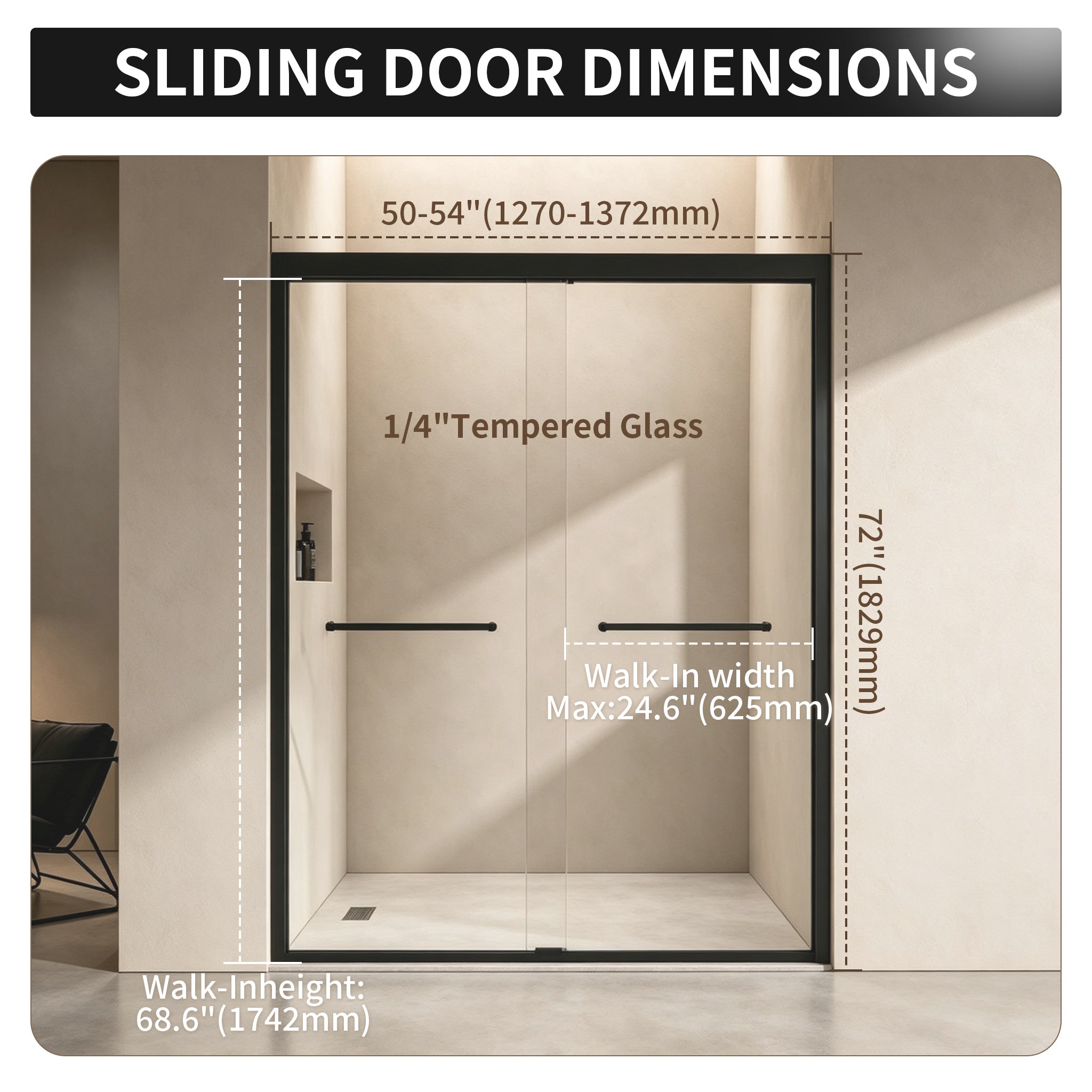 50-54" × 72" Double Sliding Shower Door, Matte Black