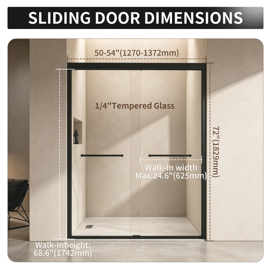 50-54" × 72" Double Sliding Shower Door, Matte Black
