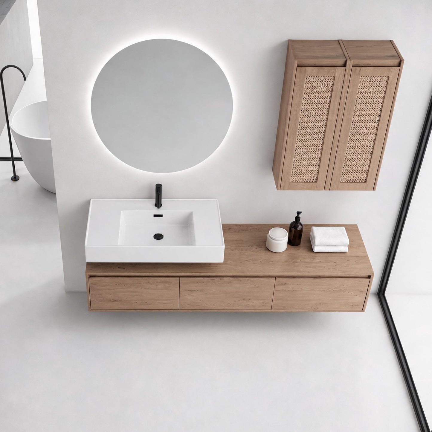 Suspend 60" Wall-Hung Vanity System — Mix & Match Basin & Side Cabinets, 7 Configurations (RTA)