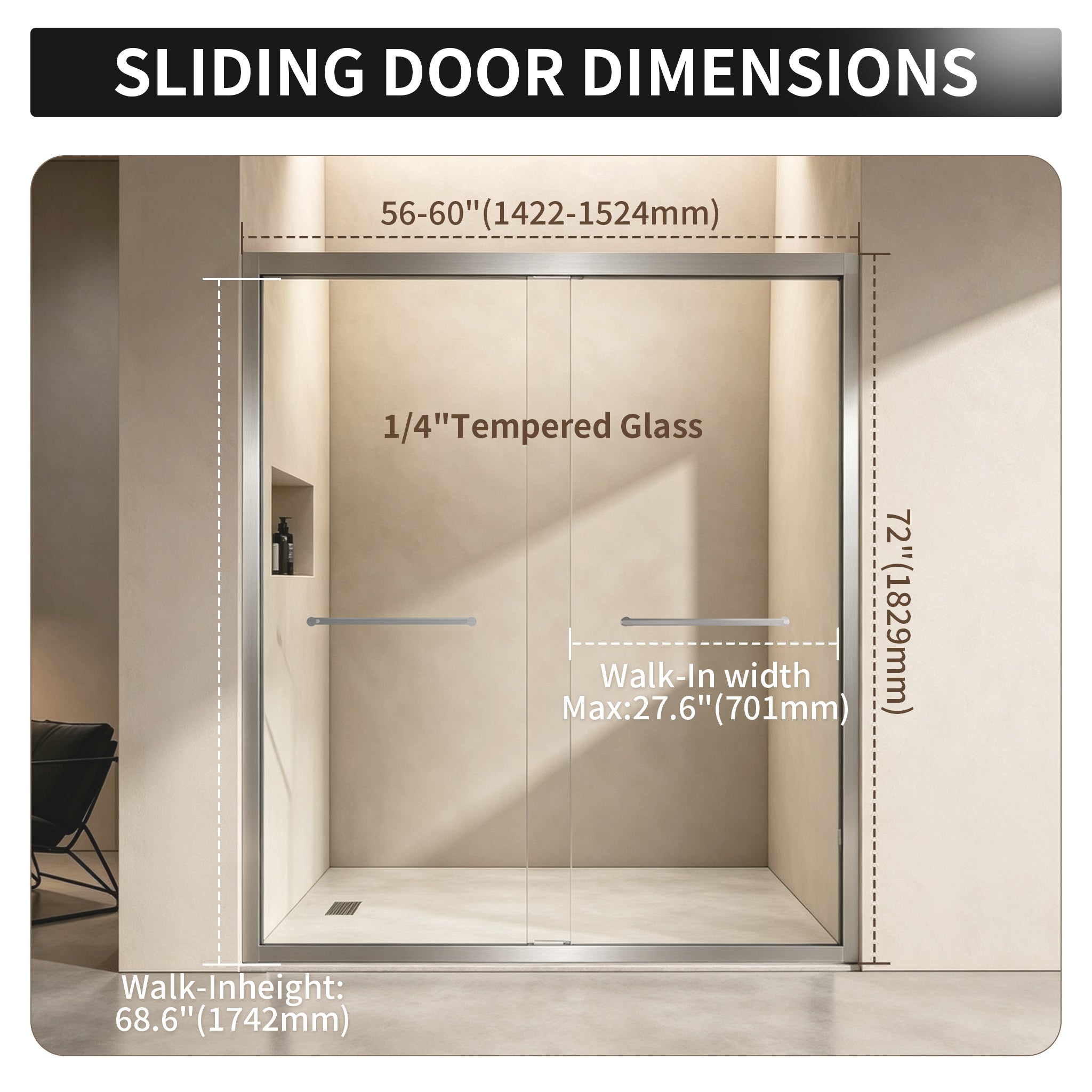 56-60" × 72" Double Sliding Shower Door, Brushed Nickel