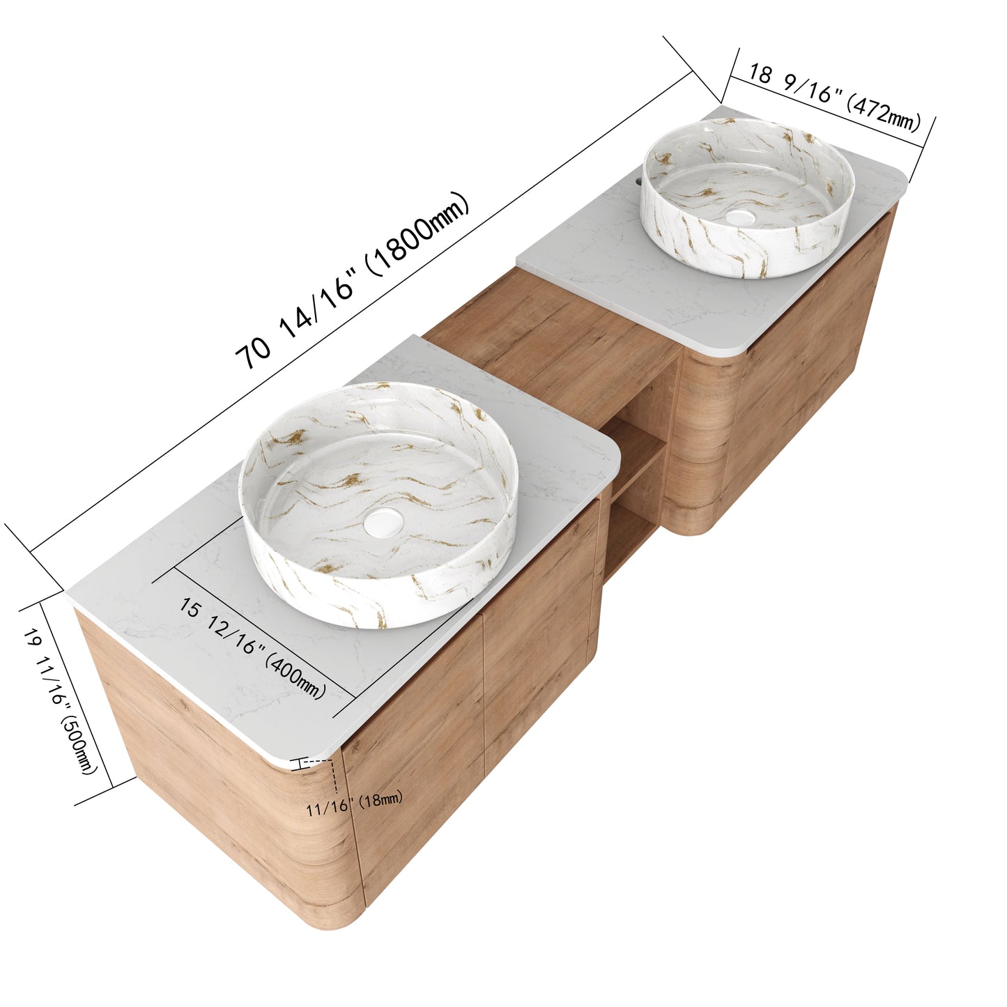 Curvo 30"-72" Floating Vanity System with 5 Ceramic Basin Colors (RTA)