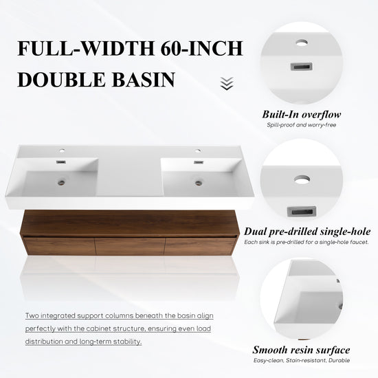 Suspend 60" Wall-Hung Vanity System — Mix & Match Basin & Side Cabinets, 7 Configurations (RTA)