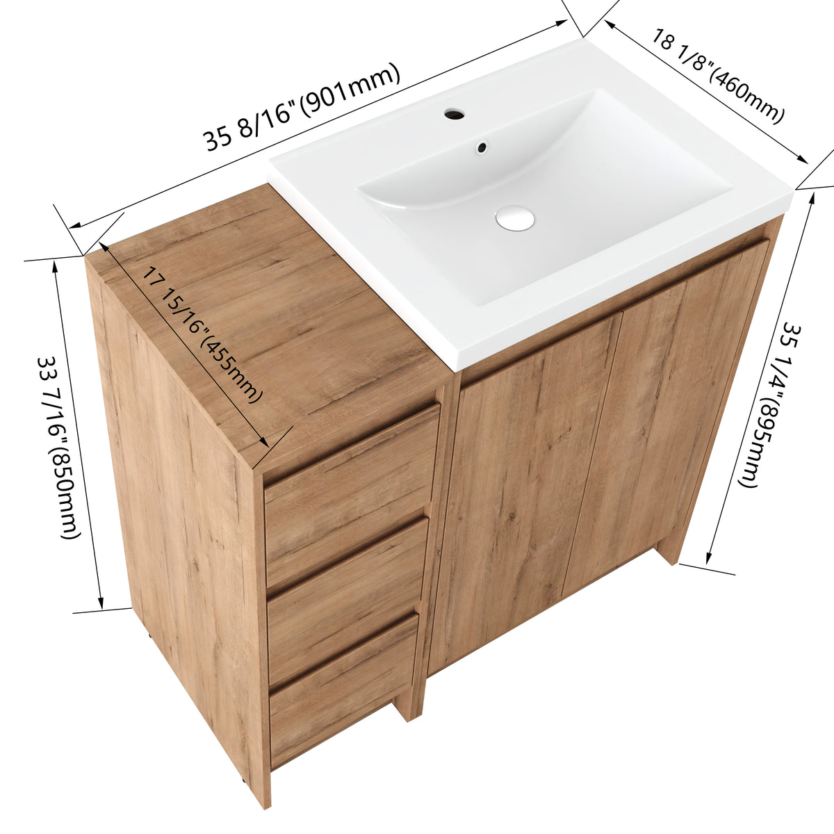 Cube 36" Freestanding Vanity with Resin Sink and Drawer Side Cabinet (RTA)