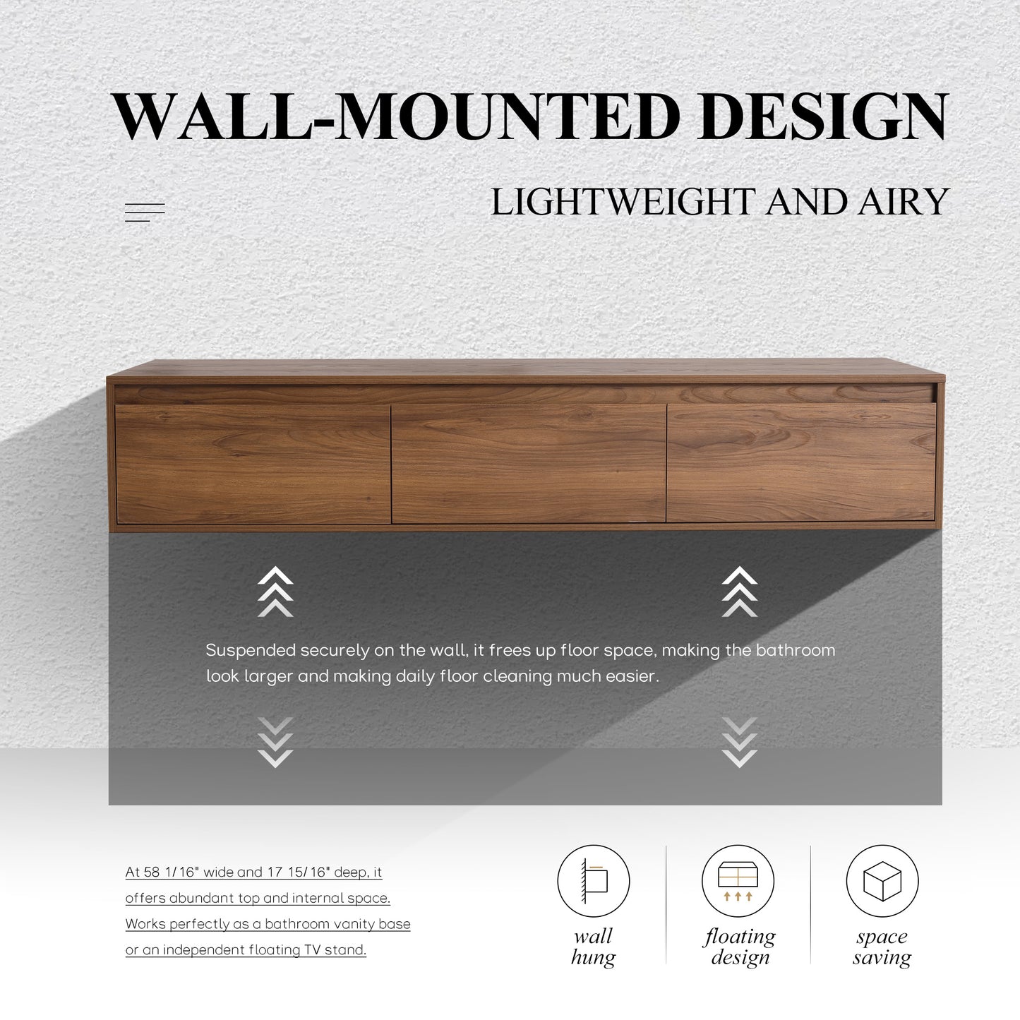 Suspend 60" Wall-Hung Vanity System — Mix & Match Basin & Side Cabinets, 7 Configurations (RTA)