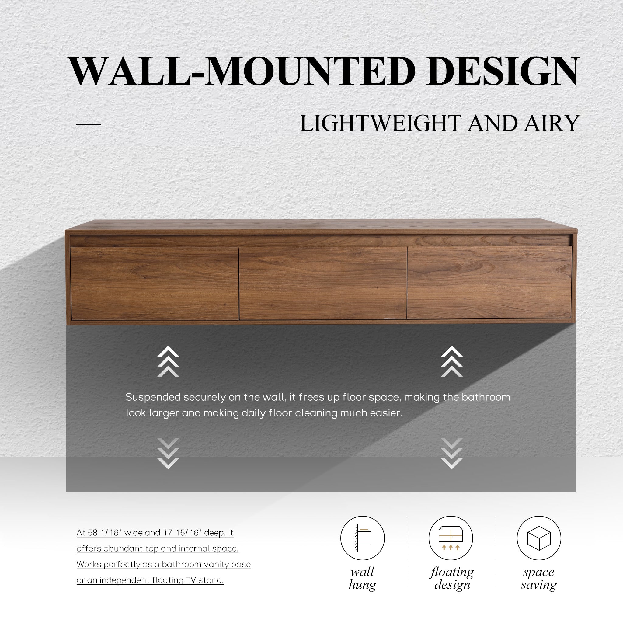 Suspend 60" Wall-Hung Vanity System — Mix & Match Basin & Side Cabinets, 7 Configurations (RTA)