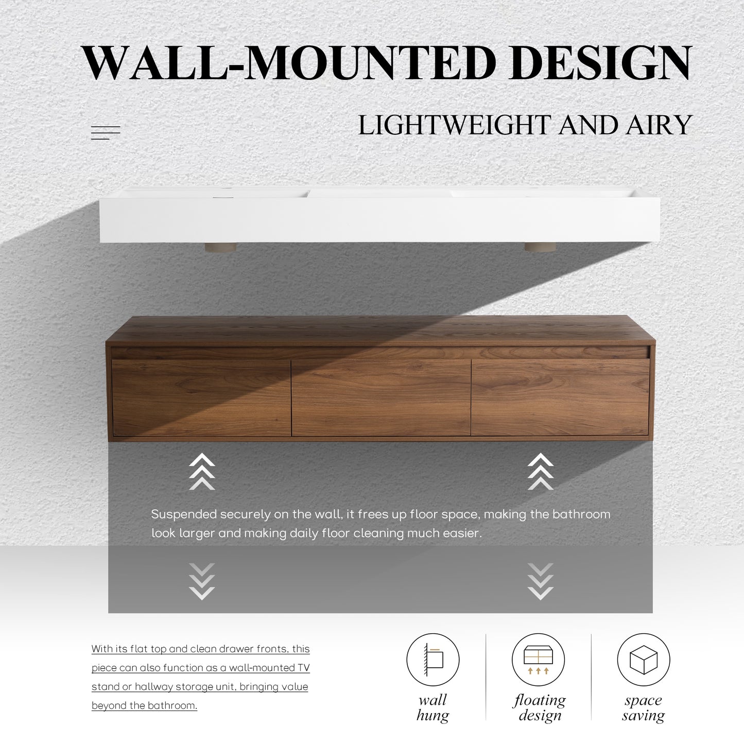 Suspend 60" Wall-Hung Vanity System — Mix & Match Basin & Side Cabinets, 7 Configurations (RTA)