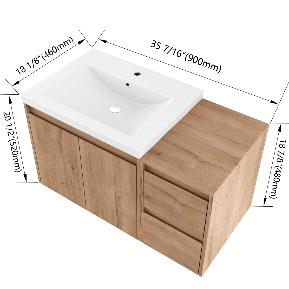 Cube 36" Floating Vanity with Resin Sink and Drawer Side Cabinet (RTA)