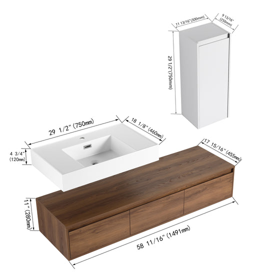 Suspend 60" Wall-Hung Vanity System — Mix & Match Basin & Side Cabinets, 7 Configurations (RTA)