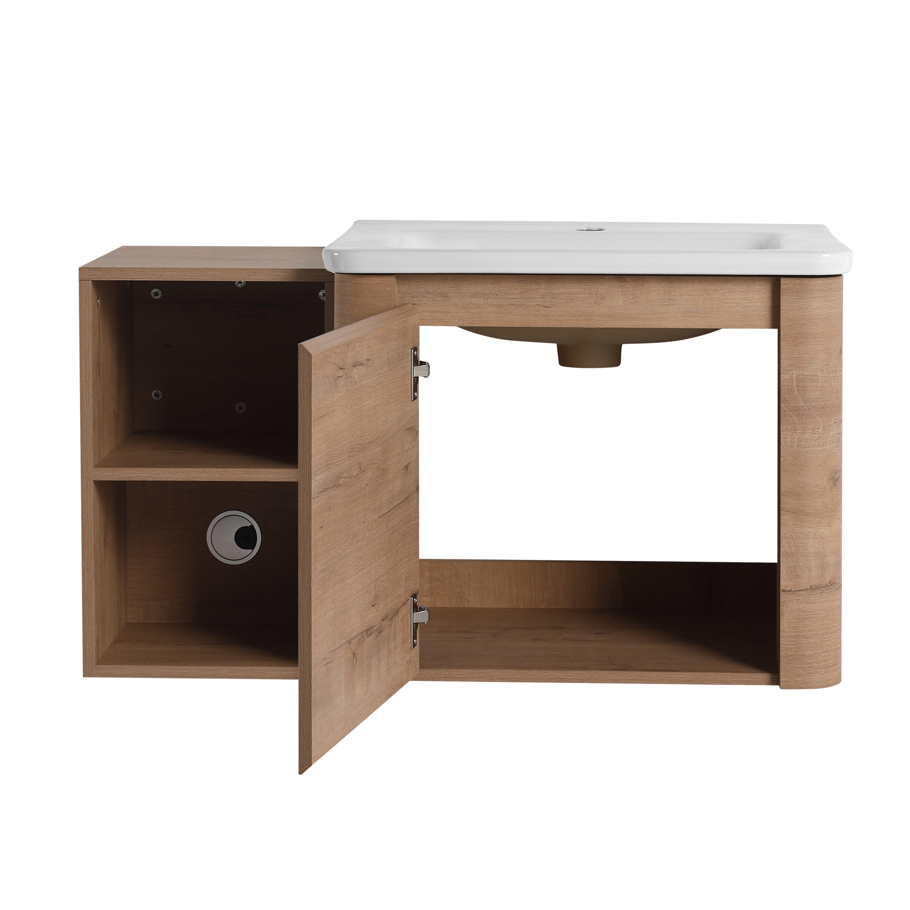 Rounded Oak L-Shape Floating Wall Mount Bathroom Vanity