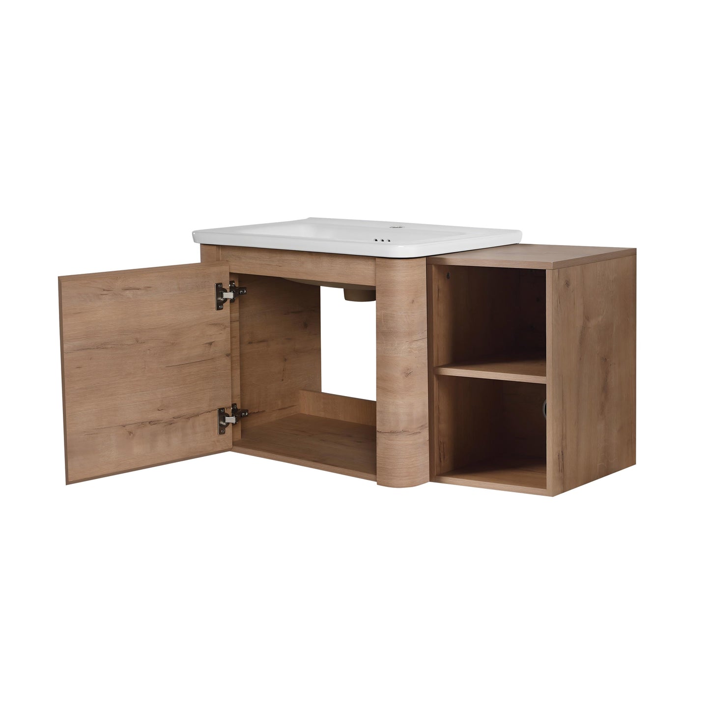 Rounded Oak L-Shape Floating Wall Mount Bathroom Vanity