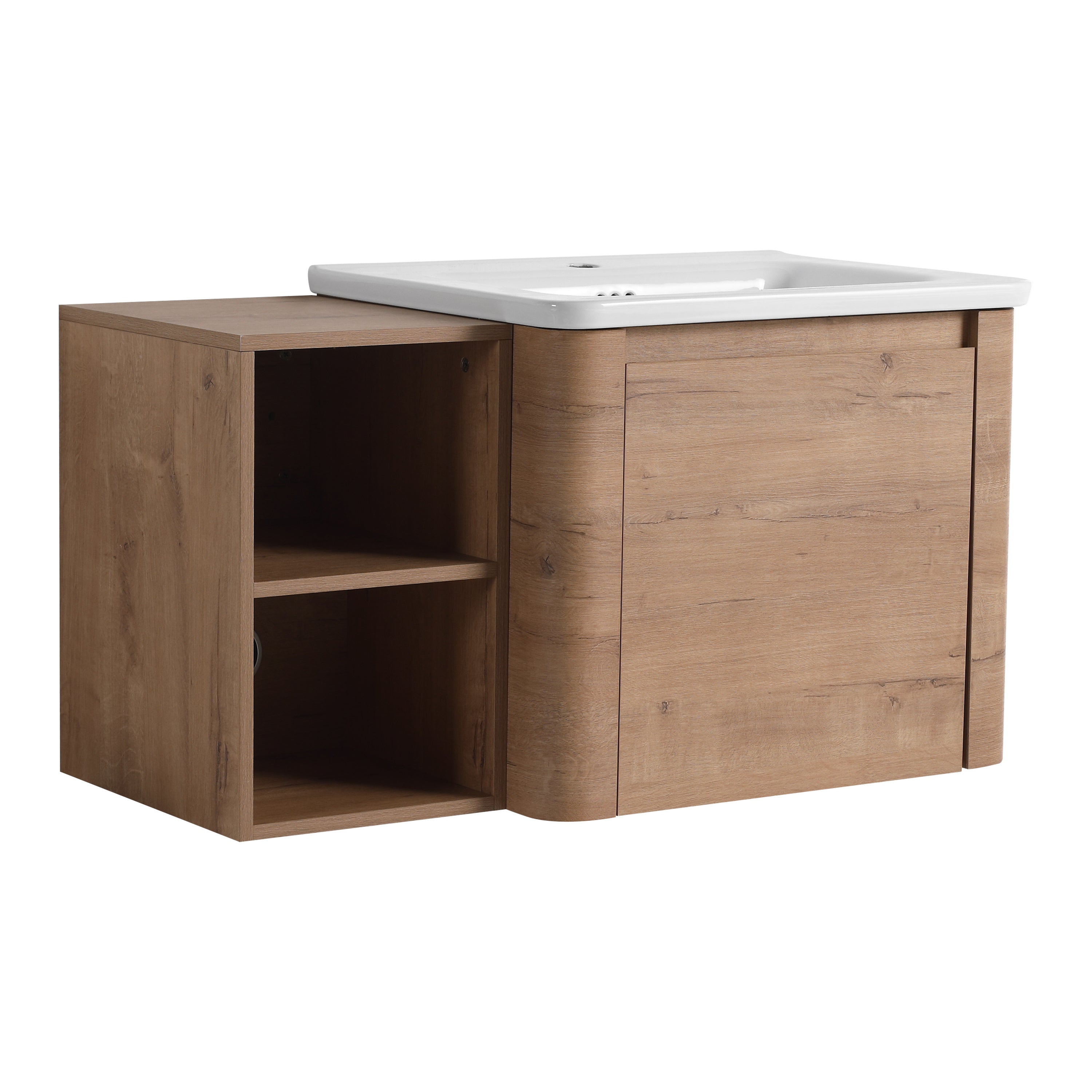 Rounded Oak L-Shape Floating Wall Mount Bathroom Vanity