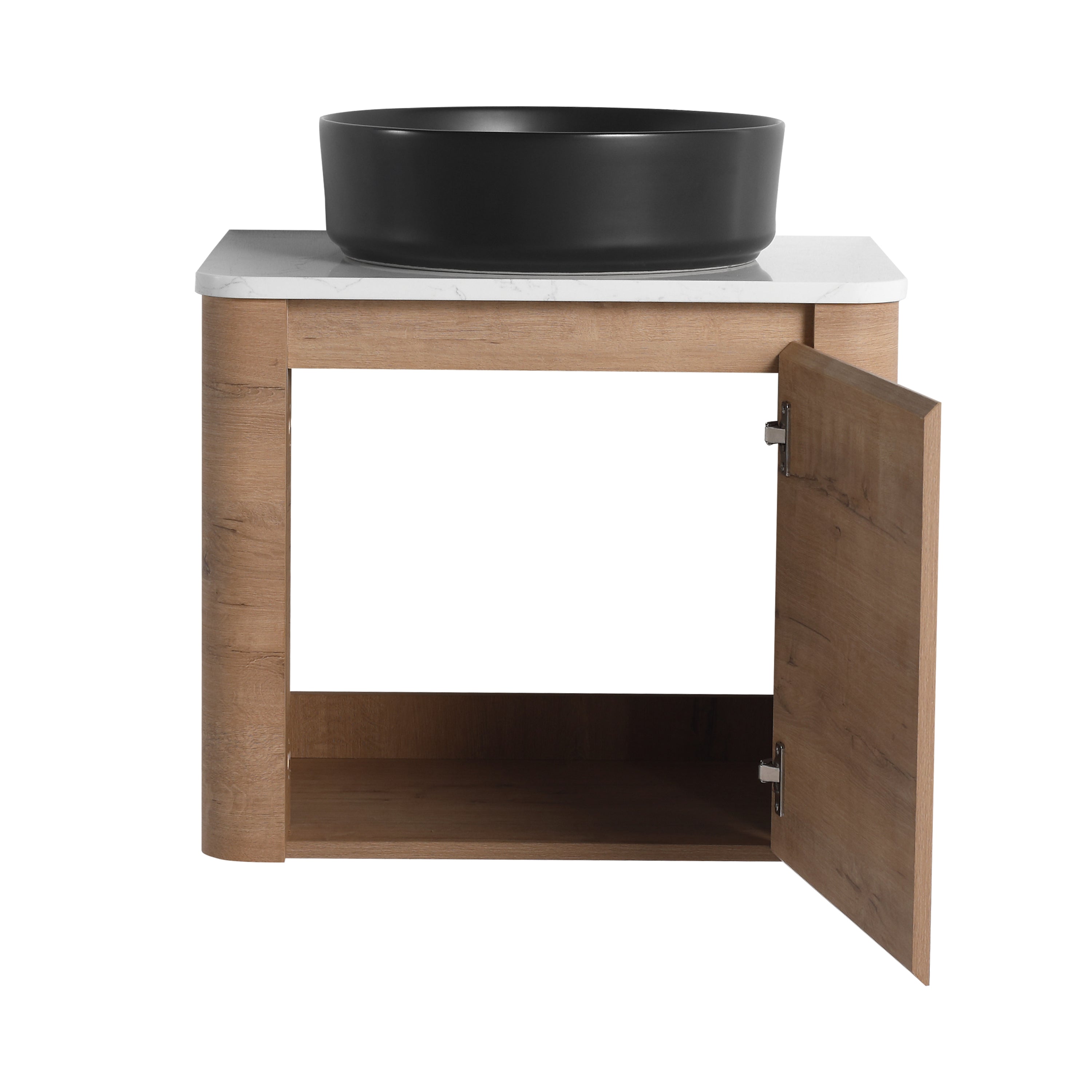 Rounded Oak Floating Vanity with Black Round Vessel Sink